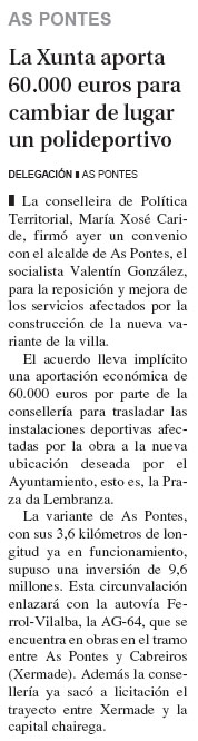 La Xunta aporta 60.000 euros para cambiar el lugar de un polideportivo