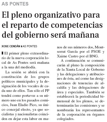El pleno organizativo para el reparto de competencias será mañana