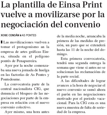 El progreso: La plantilla de Einsa print vuelve a movilizarse por la negociación del convenio