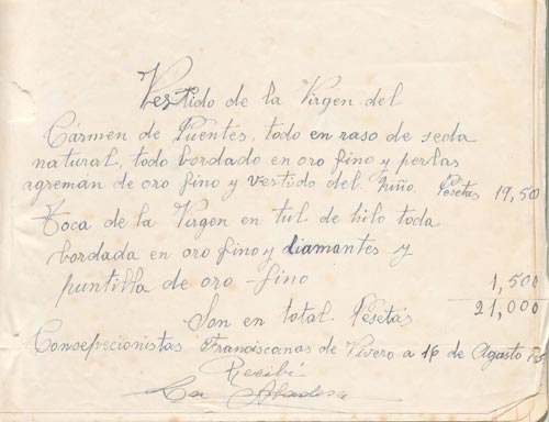Factura das Monxas Concepcionistas de Viveiro do traxe que a imaxe tén posto ó longo do ano